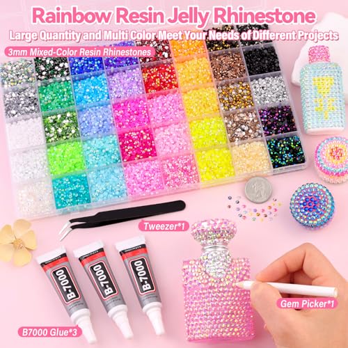 40 Colors Jelly AB Rhinestones 3mm Resin Flatback Gems Bedazzling Kit with Jewelry Glue