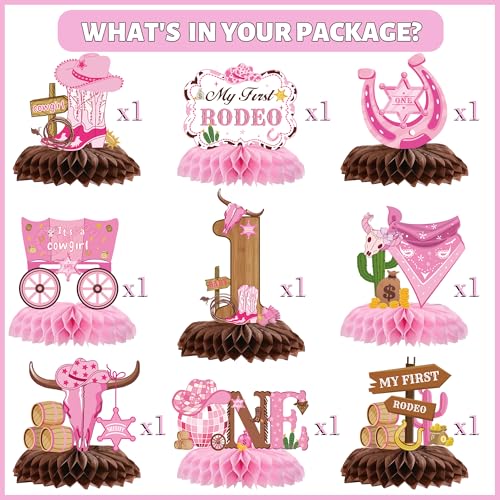 Pink Cowgirl Honeycomb Centerpieces - 9 Pcs for 1st Birthday Party