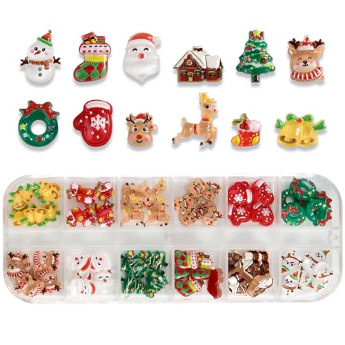 12 Grids Christmas Nail Art Charms Xmas 3D Resin Cute Santa Claus Elk