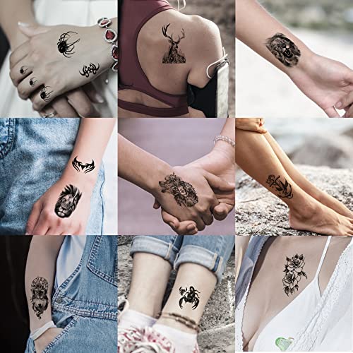 JEEFONNA 82 Sheets Temporary Tattoo for Men Women Adults, Include 12 Sheets Black 3D Half Sleeve Temporary Tattoos, Halloween Tattoos Scary Lion Wolf Tiger Skull Skeleton Tattoos Stickers