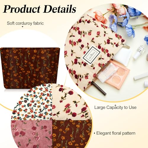 Sanwuta Floral Cosmetic Bags - 4 Pcs Corduroy Makeup Pouches for Women