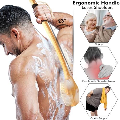 17.72 Inch Back & Face Body Brush Set with Natural Wild Boar & Synthetic Bristles – Dual Deep-Cleaning Exfoliating Set with Gift Box