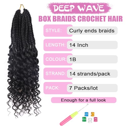 Black 14 Inch Goddess Box Braids Crochet Hair - Short Micro Braid with Curly Ends, Pre Looped, 7 Packs