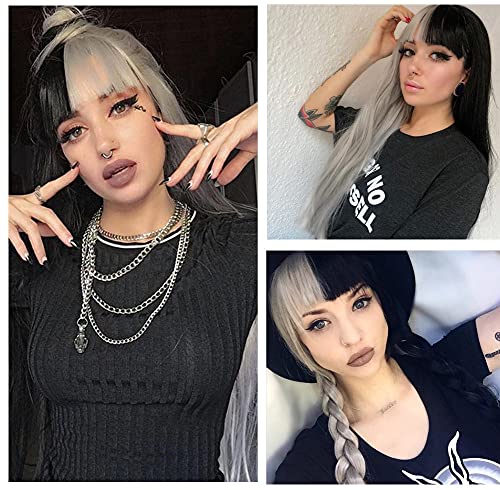 Long Straight Synthetic Wig with Bangs - Two-Tone Grey and Black