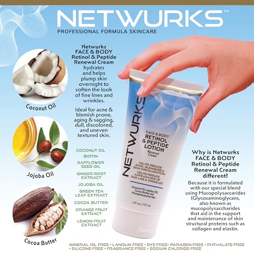 NetWurks Retinol & Peptide Night Cream for Face and Body, 6 Fl Oz