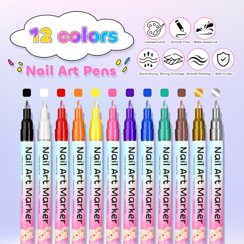 NuSoulra 0.5mm 12-Color Nail Art Pens Set with 15 Nail Stickers for DIY Manicure