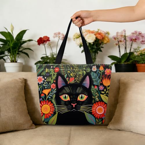 Mexican Folk Art Black Cat Tote Bag | Reusable Grocery Shopping Bag