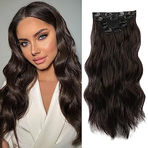 WECAN 20 Inch Clip-In Hair Extensions - Long Wavy Synthetic Brown Black