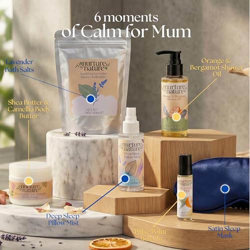 Nurture by Nature New Mom Self Care Gift Set with Body Scrub, Lavender Pillow Spray, Sleep Mask, Body Butter, Shower Gel & Bath Salts - Vegan Friendly - Stocking Stuffer, Baby Shower Gift Basket