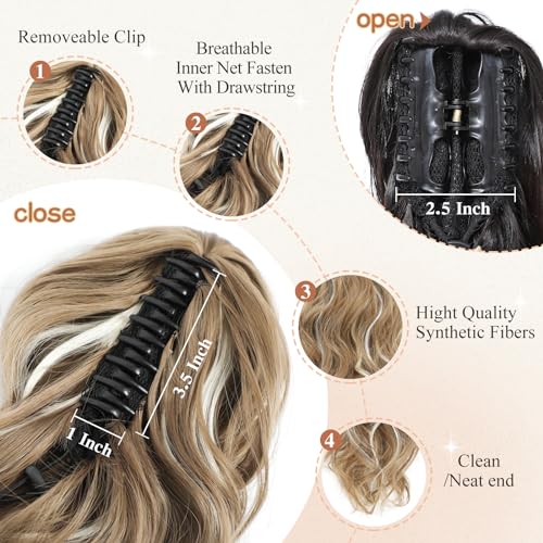 MORICA 24 Inch Curly Ponytail Extension with Claw Clip, Chestnut Brown Mix Blonde Highlights