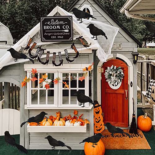 KIMOBER 6PCS Realistic Black Feathered Crows for Halloween Decor