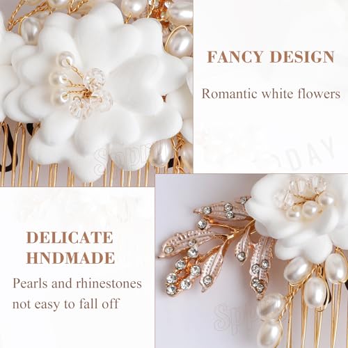 Handmade Pearl Rhinestone Wedding Hair Comb with 3 White Flowers