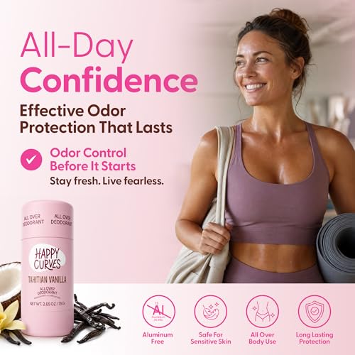 HAPPY CURVES Whole Body Deodorant for Women - Aluminum-Free, Tahitian Vanilla Scent, Long Lasting Odor Control