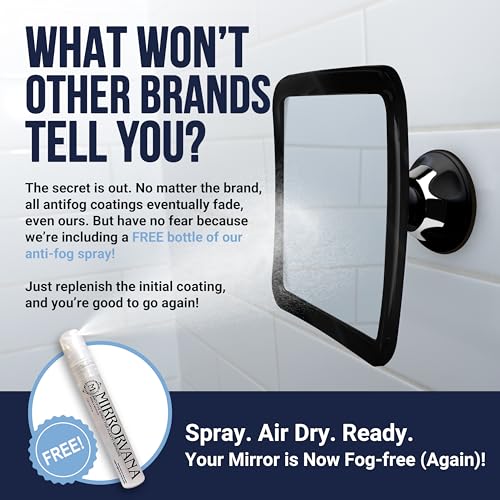 MIRRORVANA Fogless Shower Mirror for Shaving with Upgraded Suction, Anti Fog Shatterproof Surface and 360¡Æ Swivel, 1X Magnifying, 6.3 x 6.3 Inch (Black)