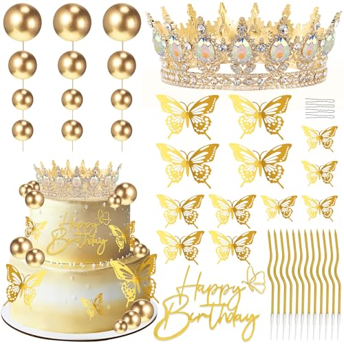 Gold Crown Happy Birthday Cake Topper Set with Butterflies & Candles