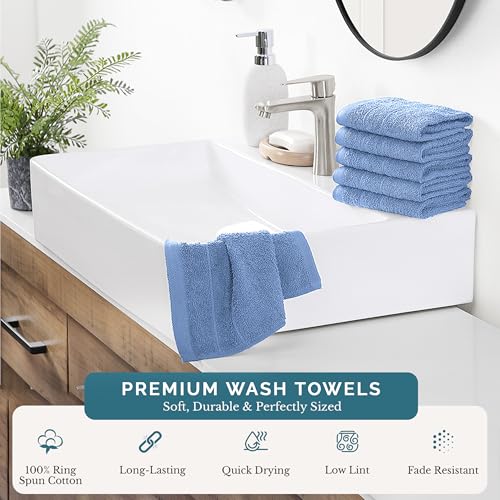 Casa Platino 100% Cotton Wash Cloths - 6 Pack, Cerulean Blue, 13x13