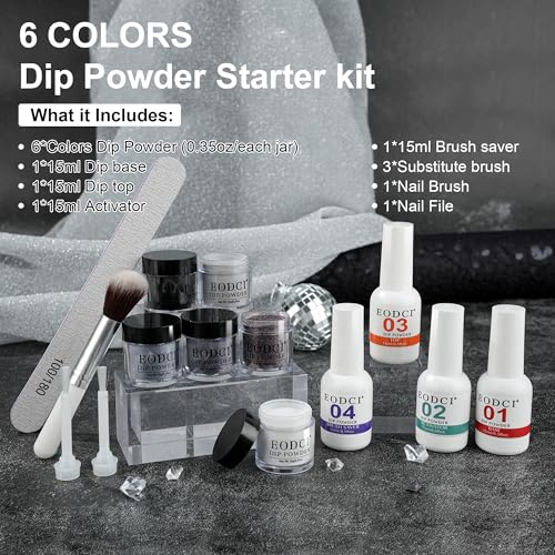 Eodci 6-Color Dip Powder Nail Kit with Base, Top Coat, and Activator