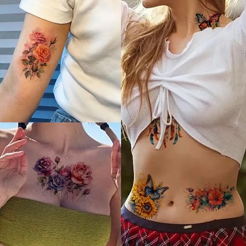 Watercolor Temporary Tattoos for Women - 8 Large Floral Designs