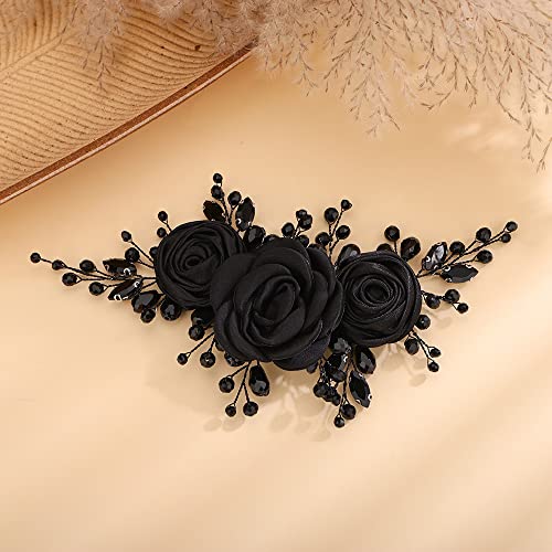 Teyglen Black Flower Wedding Headband with Rhinestones