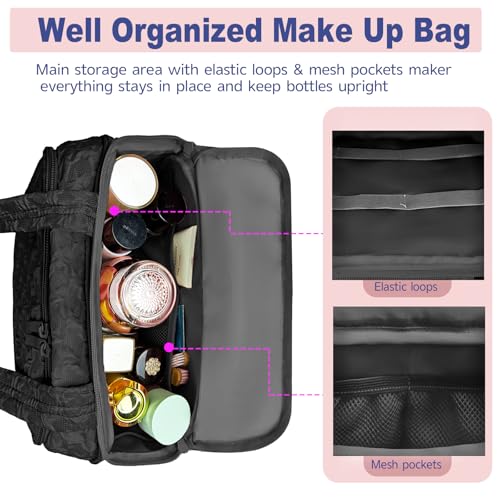 SMONT 11.5" Large Travel Toiletry Bag for Women, Waterproof Makeup & Cosmetic Organizer, Black