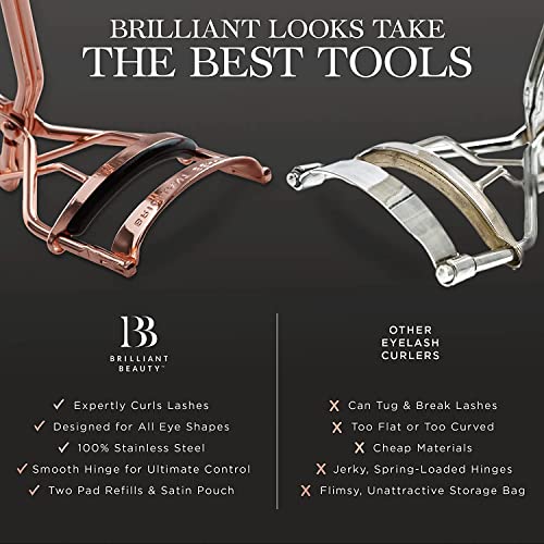 Brilliant Beauty Eyelash Curler - Award Winning Rose Gold Design with Satin Bag & Refill Pads