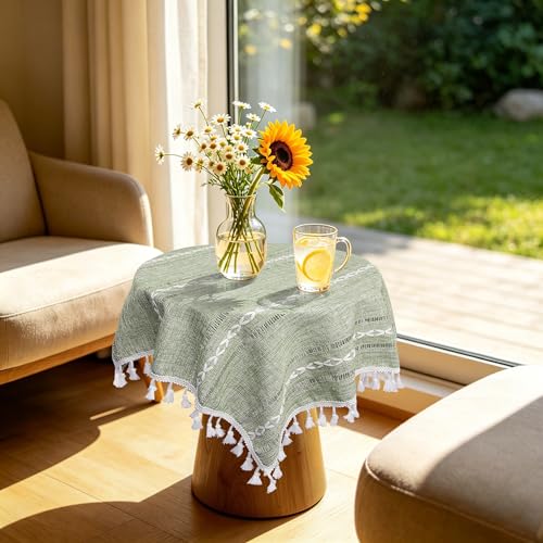 Sage Green Boho Tablecloth 24''x24'' | Cotton Linen Nightstand Cover