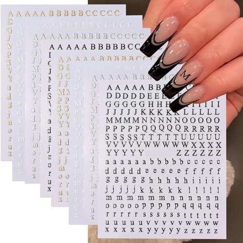 3D Metallic Gold & Silver Alphabet Nail Art Stickers - 8 Sheets