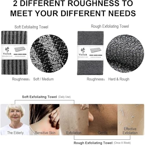 Yiclick Exfoliating Body Scrubber, Back Scrubber for Shower Bath, Japanese Scrub Wash Cloth, Exfoliating Washcloth Towel for Men Women, Body Exfoliator Loofah Luffa Sponge Net Rag Back Washer (Black)