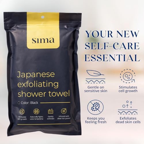 Sima Brand Exfoliating Washcloth Face & Body Scrub Towel - Japanese Exfoliating Towel with Hexagon Fibers, Body Scrubber with 2 Sides for Scrubbing & Washing, Extra Long Body Towels (Black)