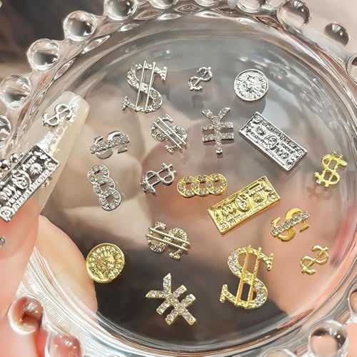 BLGTGH Asd-32 Money Nail Charms 3D Metal Alloy Dollar Sign Nail Art Gems Silver Gold 36Pcs