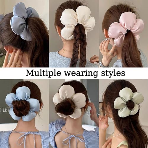 3-Pack Large Flower Satin Hair Scrunchies for Women - Soft Silk Hair Ties in Blue, Pink, Beige