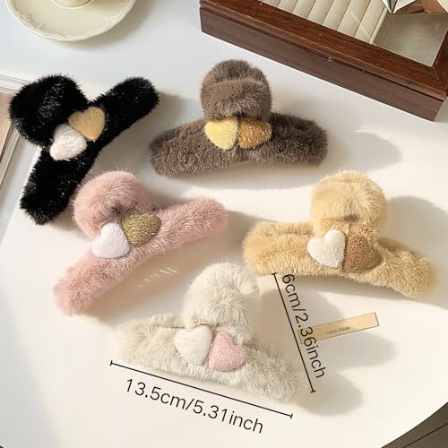 Rannyrena Heart Fuzzy Plush Hair Claw Clips Set of 5 for Women, Strong Grip & Non-slip