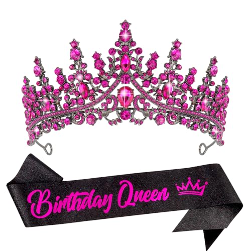 VELSCRUN Rose Red Birthday Queen Tiara with Sash - Elegant Rhinestone Crown Hair Accessories