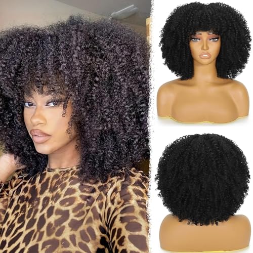 Black Curly Afro Wig with Bangs for Black Women - Kinky Curly Style