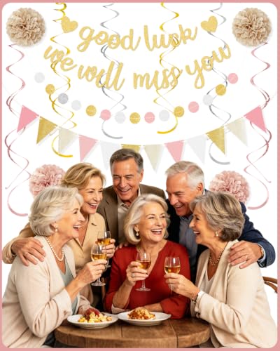 Good Luck We Will Miss You Banner - Pink Gold Farewell Decorations Kit