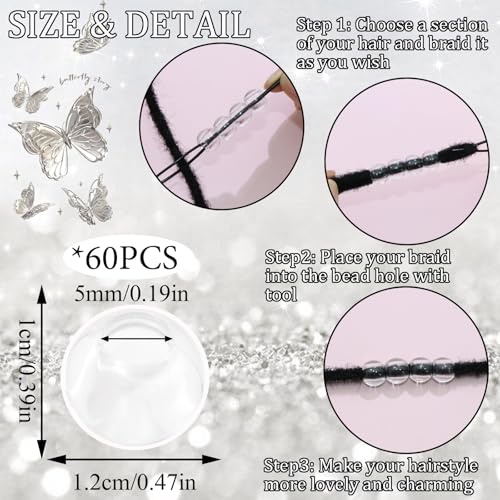 NAISKA 60Pcs Clear Acrylic Hair Beads for Kids - Cute Dreadlock & Braid Accessories