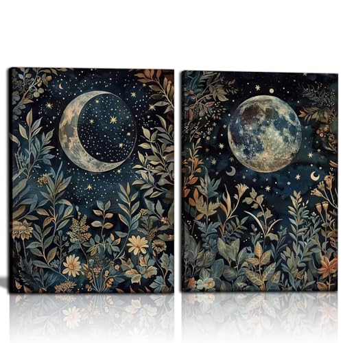 Botanical Canvas Wall Art Set - Celestial Moon & Floral Prints 16x24
