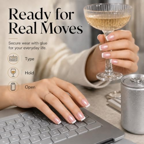 Beetles French Tip Press On Nails Short Square Pink Cat Eye Kit - 01 Glassy Blush French
