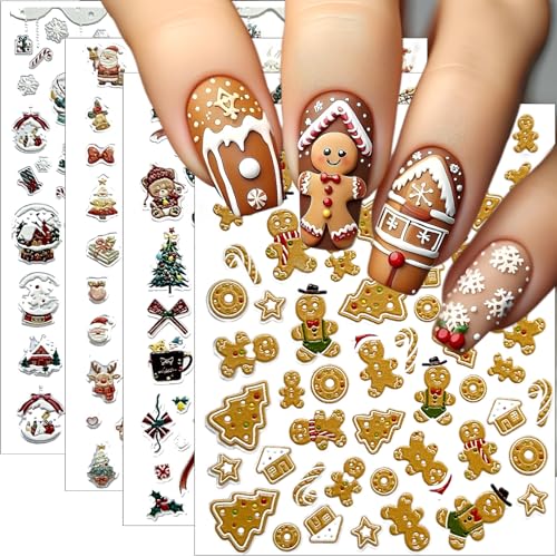 4 Sheets Christmas Nail Stickers – Gingerbread Man, Snowman, Santa Bear 5D Embossed Self-Adhesive Decals (Winthrop) – Holiday Manicure Kit