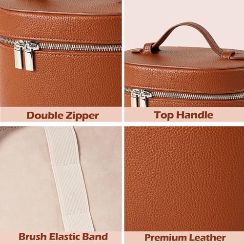 JOVOLIFE Brown Large Capacity Leather Makeup Bag with Removable Compartment
