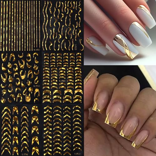 Gold French Tip Nail Art Stickers - Wavy Stripe Decals for Manicure, 6 Sheets
