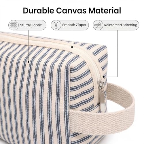Beayuva 3-Piece Canvas Makeup & Toiletry Bag Set - Blue Pinstripes, Travel Organizer