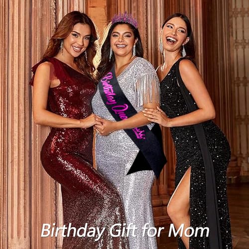 VELSCRUN Rose Red Birthday Queen Tiara with Sash - Elegant Rhinestone Crown Hair Accessories