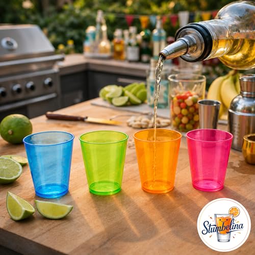 Stumbelina 100 Count Neon Plastic Shot Glasses - 1 oz Colorful Party Cups