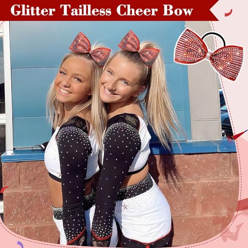 DEEKA 6-Pack Red Glitter Tailless Cheer Bows with Rhinestones