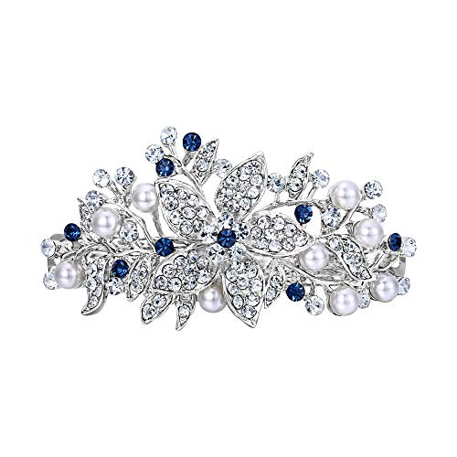 Ever Faith Blue Austrian Crystal Bridal Hair Clip Barrette with Simulated Pearls