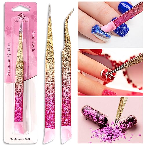 Ouligay 2Pcs Double Ended Nail Art Tweezers Set - Stainless Steel