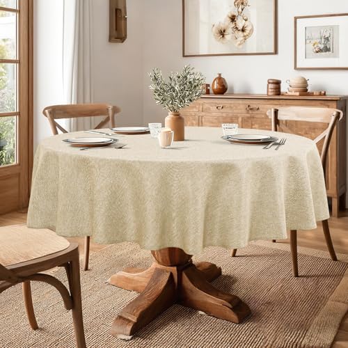 JIUZHEN 60 Inch Round Faux Linen Tablecloth - Stain & Wrinkle Resistant for Dining & Camping