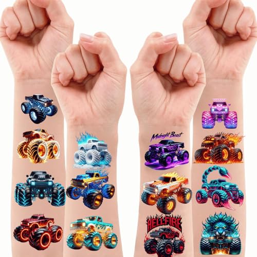 Glow-in-the-Dark Monster Truck Tattoos Set – Waterproof Body Art Stickers for Parties & Events