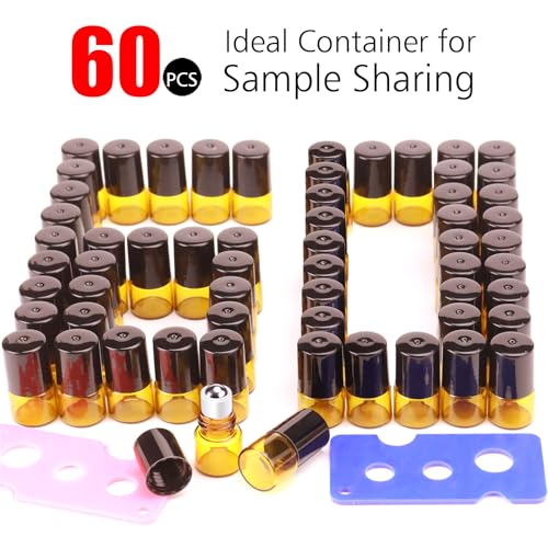 60 Pack 2ml Amber Glass Roll-On Bottles for Essential Oils & Perfume